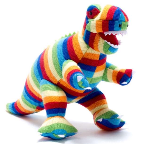 Knitted T Rex Dinosaur Soft Toy Bold Bright Stripes