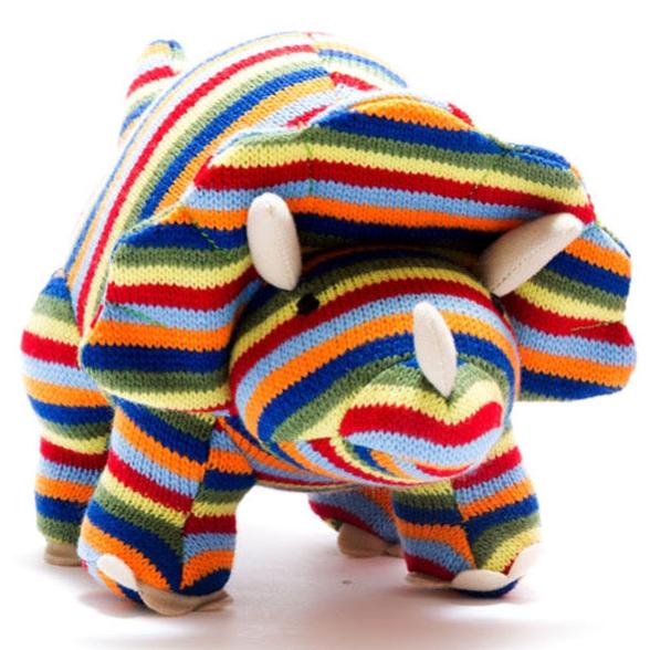 Knitted Triceratops Dinosaur Soft Toy Rainbow Stripes