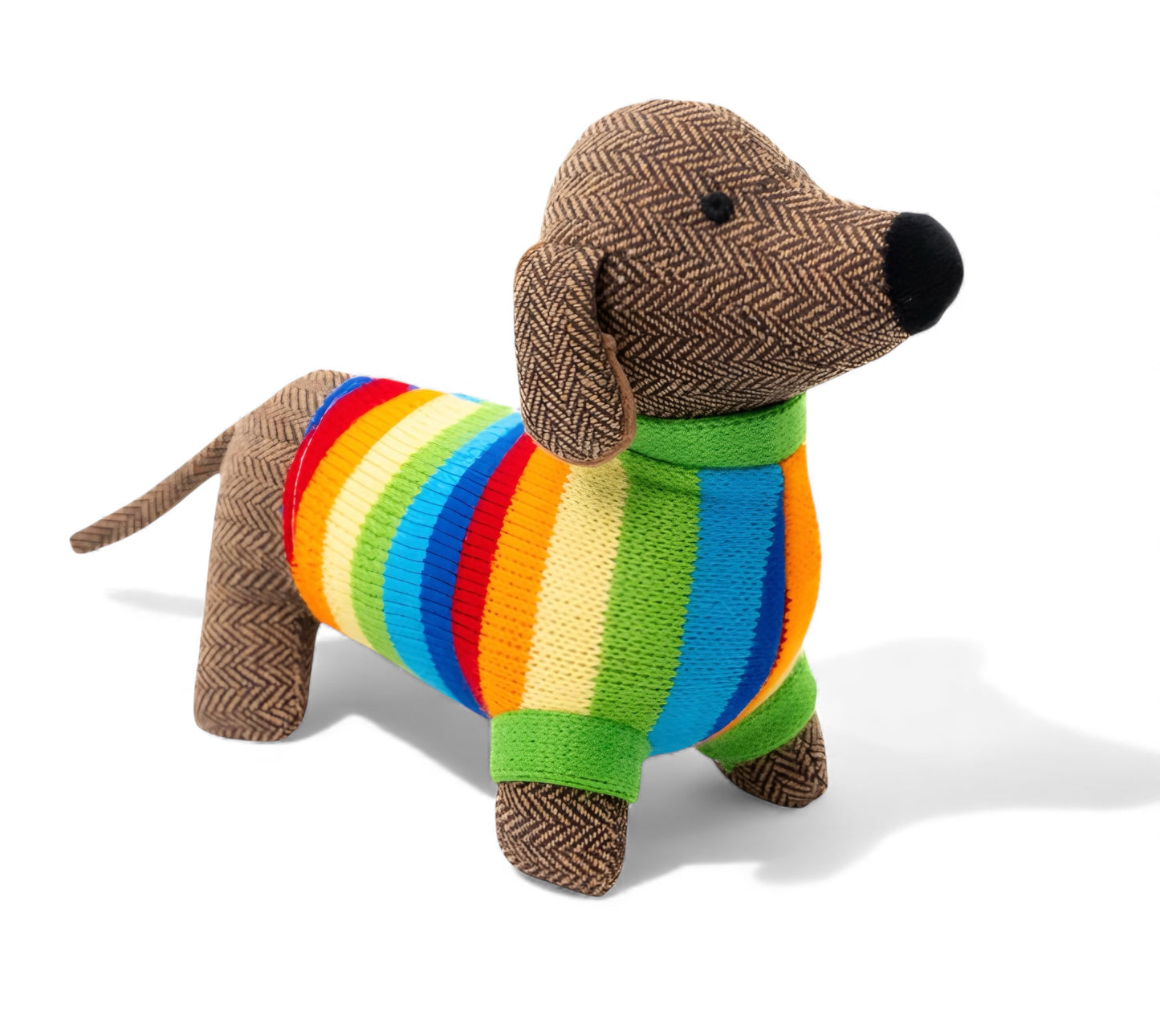 Tweed Sausage Dog (Dachshund) Soft Toy With Bold Stripe Sweater