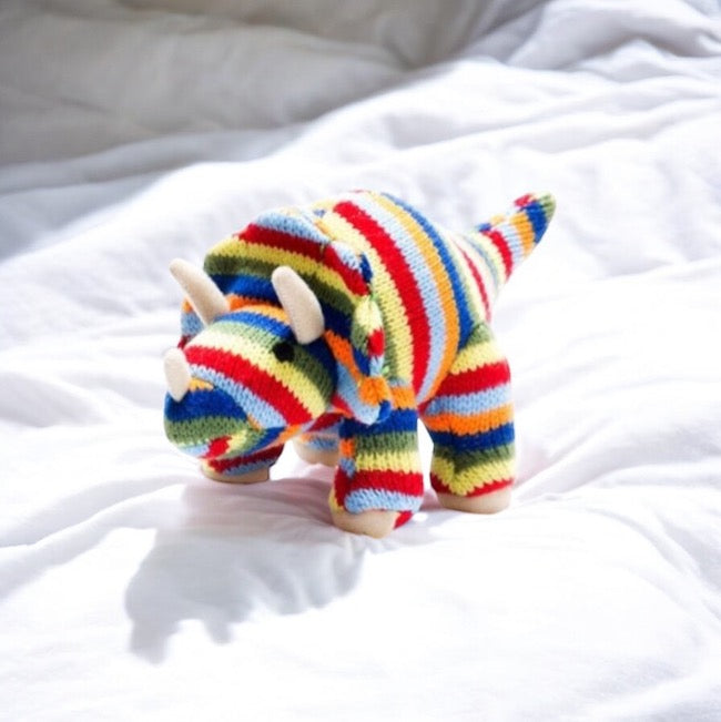 Knitted Triceratops Rattle Rainbow Stripes