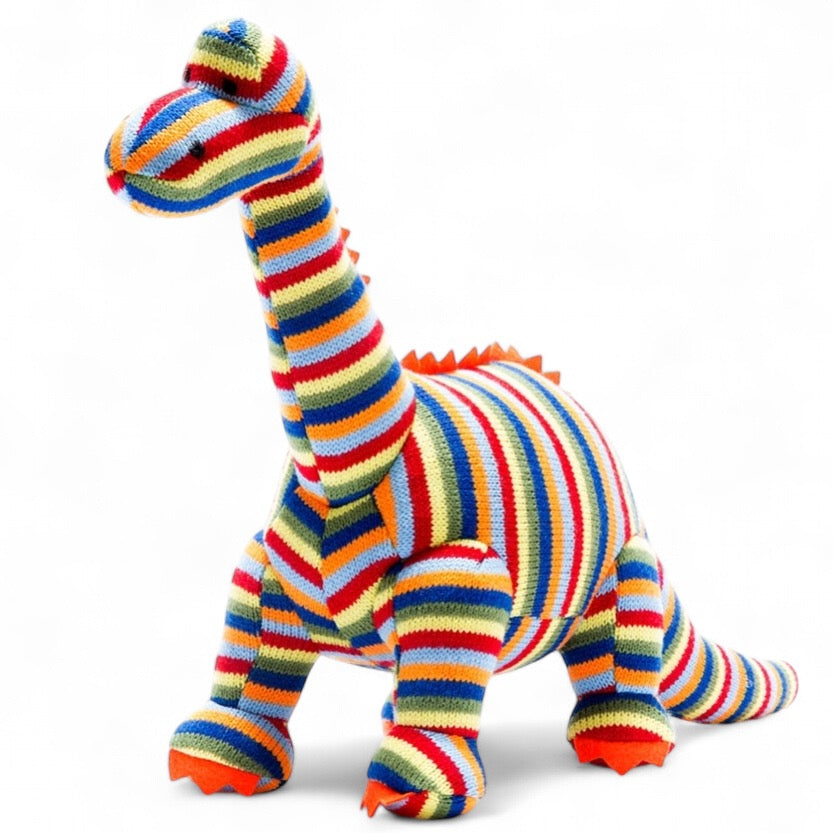 Knitted Diplodocus Dinosaur Soft Toy Rainbow Stripes