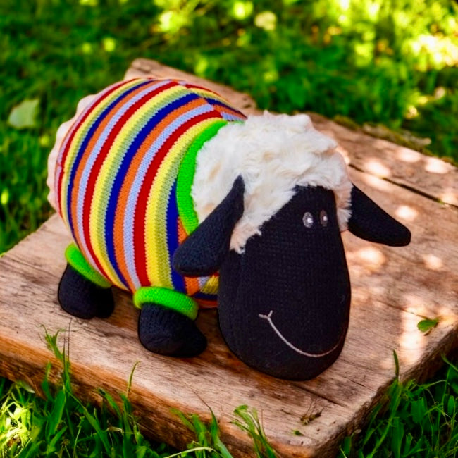 Knitted Woolly Sheep Soft Toy With Rainbow Stripe Sweater