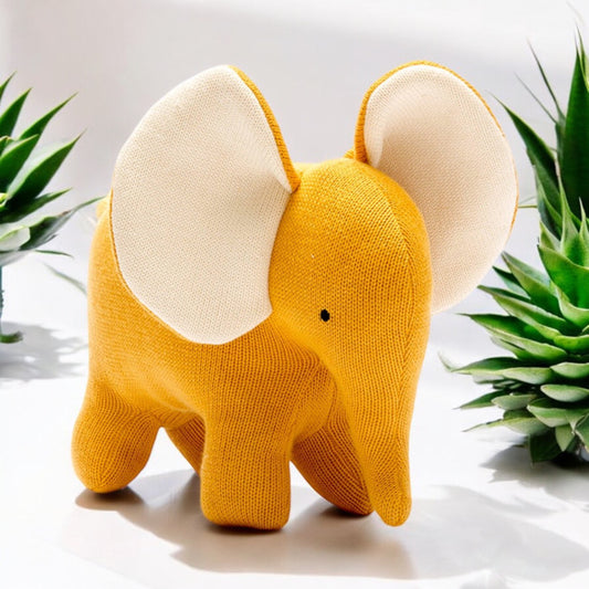 Knitted Organic Cotton Large Elephant Soft Toy Mustard Yellow & White