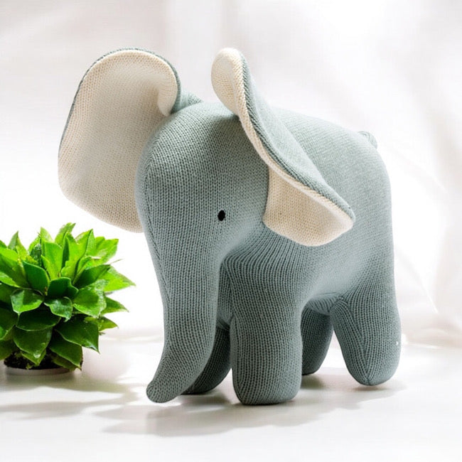 Knitted Organic Cotton Large Elephant Soft Toy Sage & White