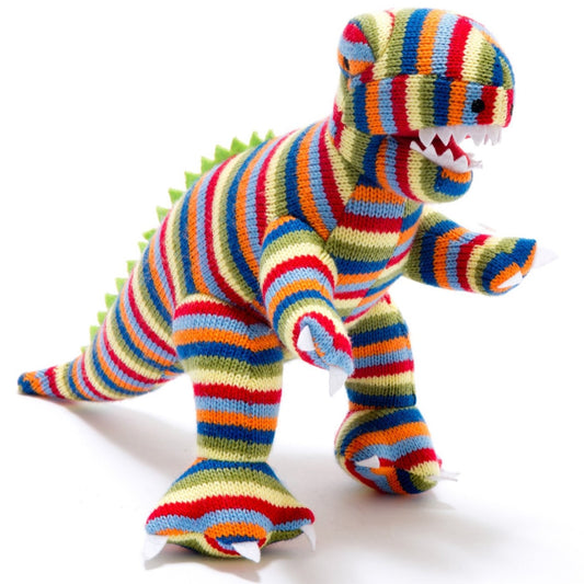 Knitted T Rex Dinosaur Soft Toy Rainbow Stripes