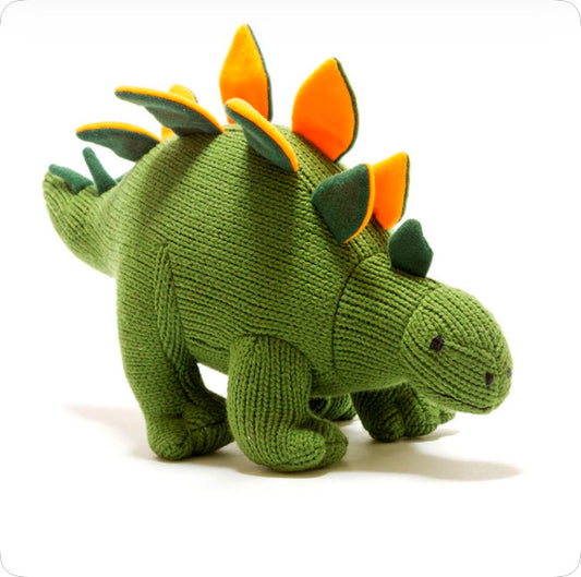 Knitted Stegosaurus Dinosaur Soft Toy Khaki With Orange Contrasting Spikes