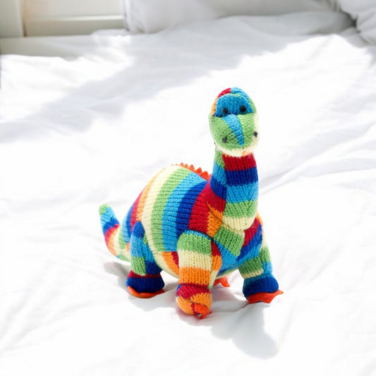 Knitted Diplodocus Rattle Bold Bright Stripes