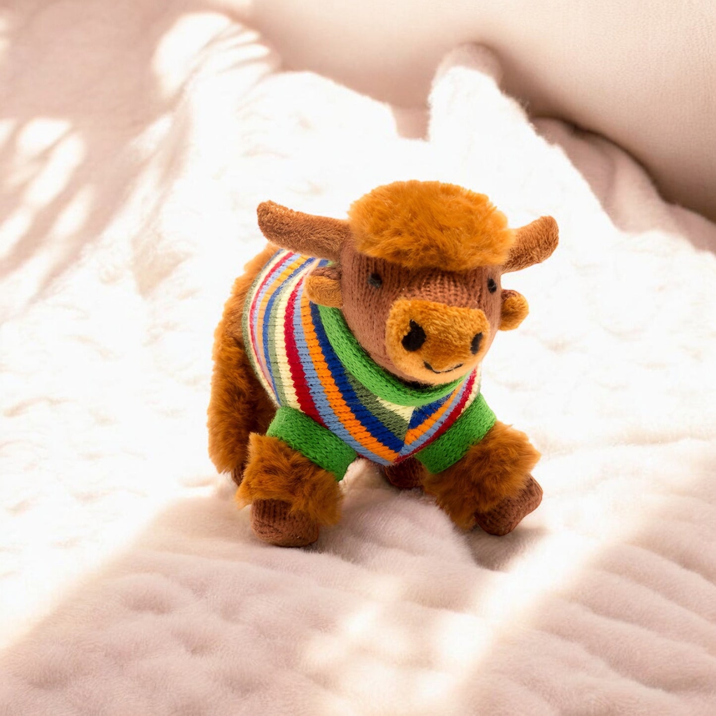 Knitted Highland Cow Rattle With Rainbow Stripe Sweater